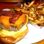Litton's Burger with bacon and cheddar (and I added a few onion rings, too!)